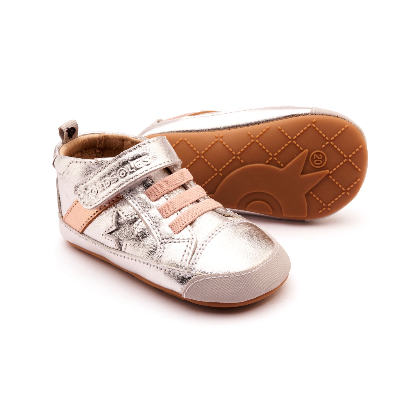 Old Soles 0074RT Roller baby leather shoe in Silver, Copper, and Glam Argent with classic detail