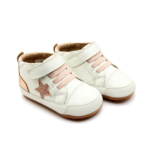 Old Soles 0085RT Platinum Bub kids leather sneaker in Snow, Copper, and Glam Copper with star detail