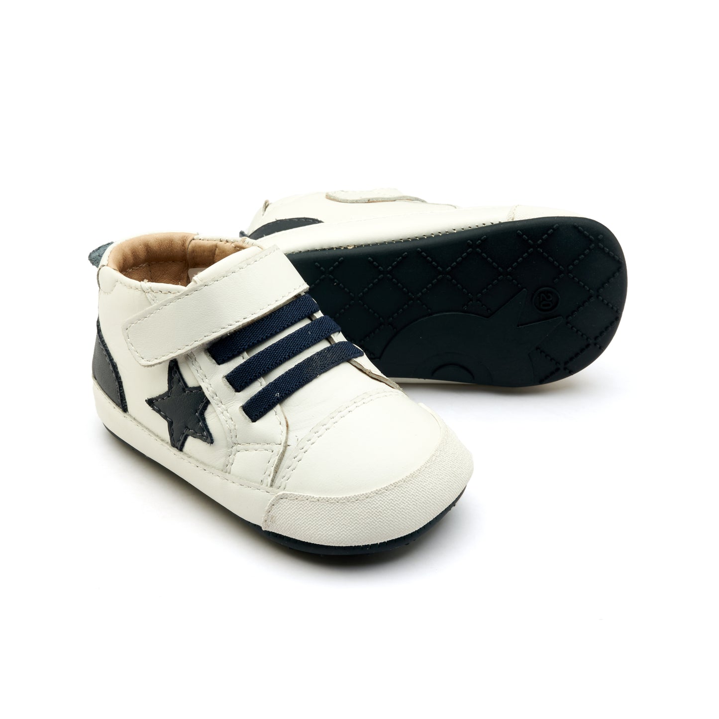 Old Soles 0085RT Platinum Bub kids leather sneaker in Snow, Navy, and Navy with star detail