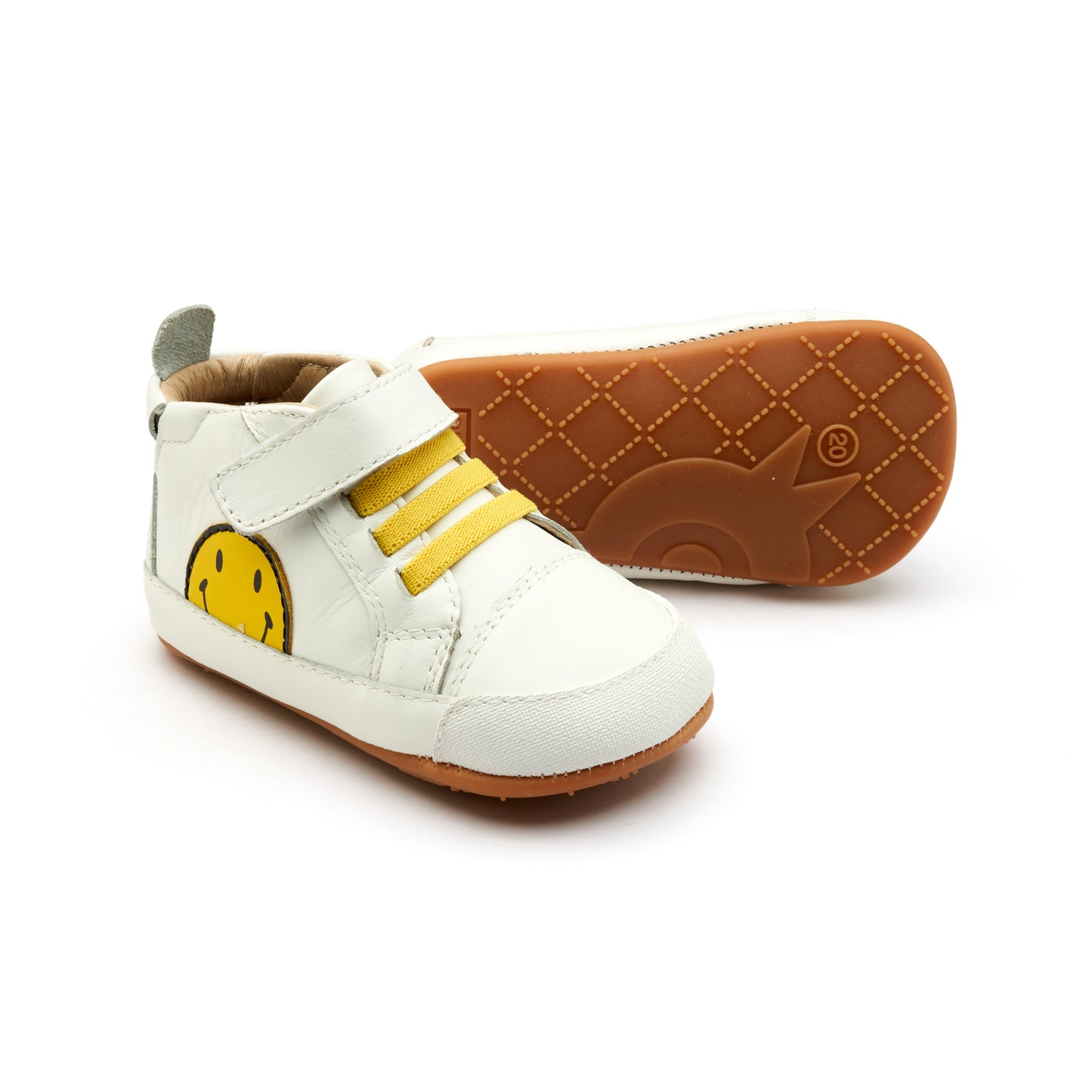 Old Soles 0106RT Spring Smiley baby leather shoe in Snow and Yellow with smiley detail