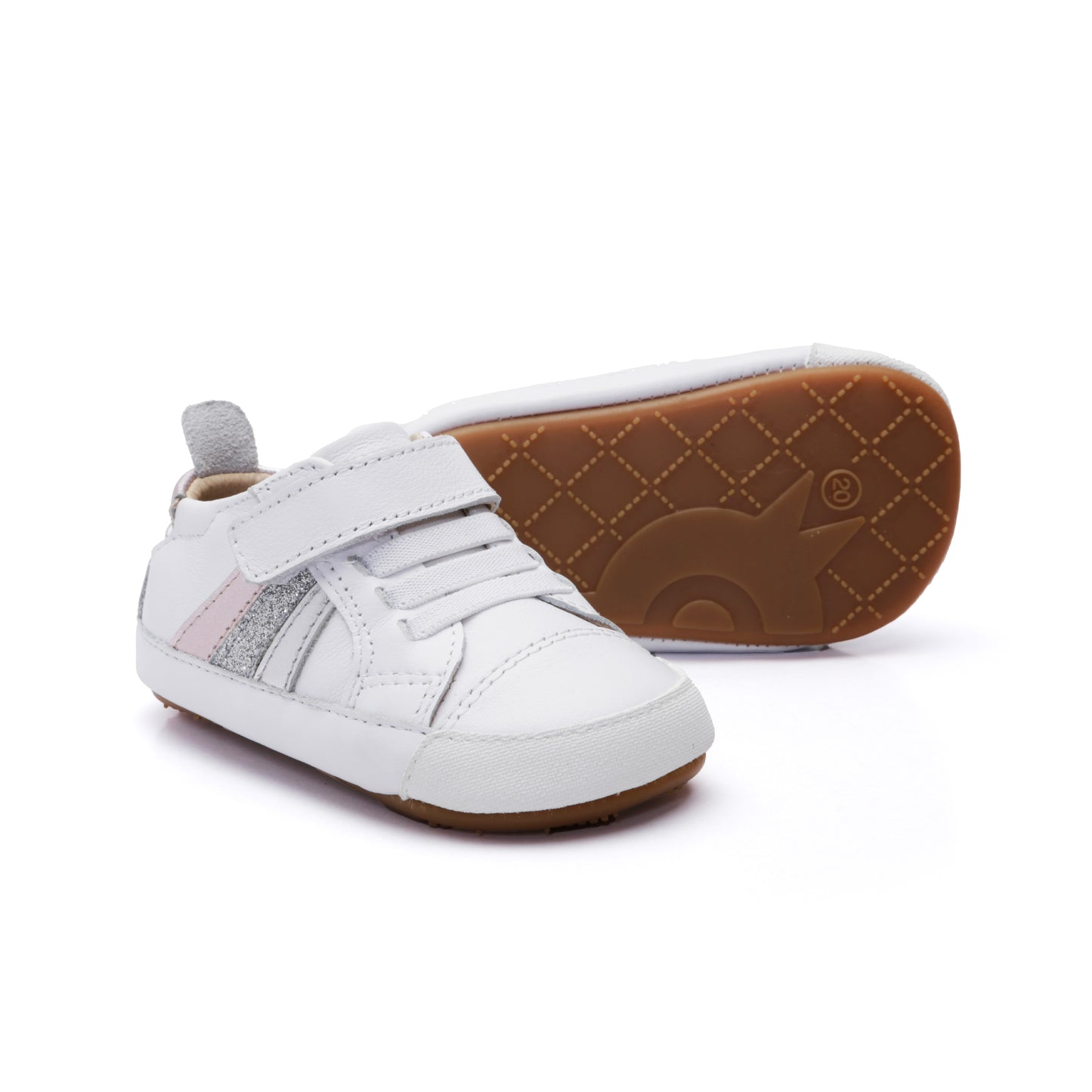 Old Soles 0113RT Sunray Bub baby leather shoe in Snow, Pink Frost, Glam Argent, and Silver with sporty detail