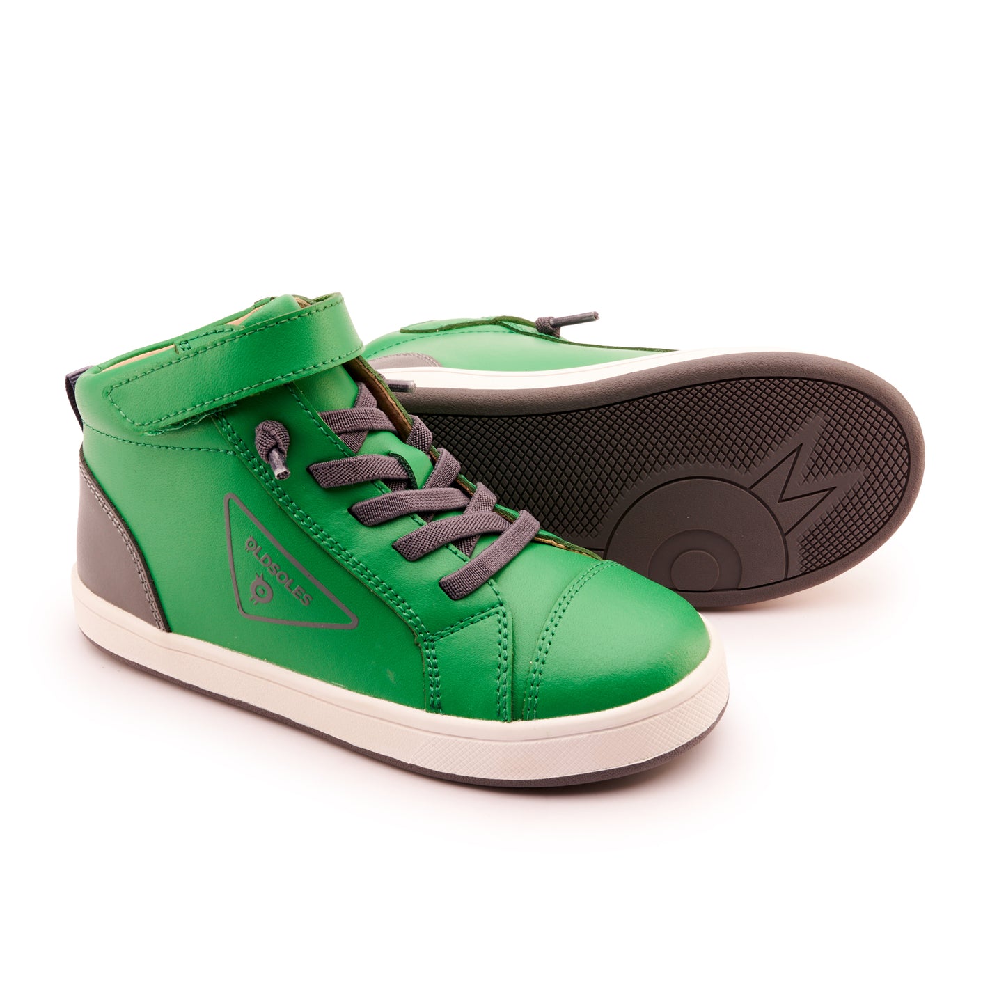 Old Soles 1000 Brigade High Top kids leather high top sneaker in Neon Green, Grey, and White Grey Sole with classic detail