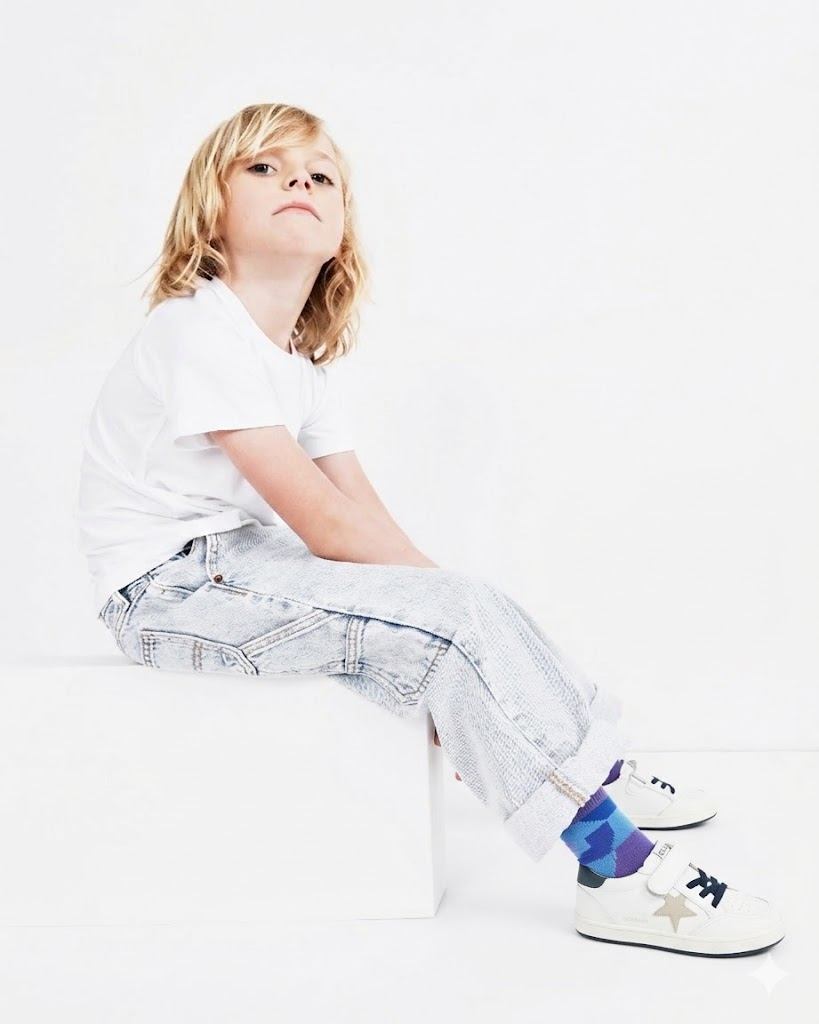 Old Soles 1006S Platinum Runner kids leather sneaker in Snow, Gris, and Navy with star detail
