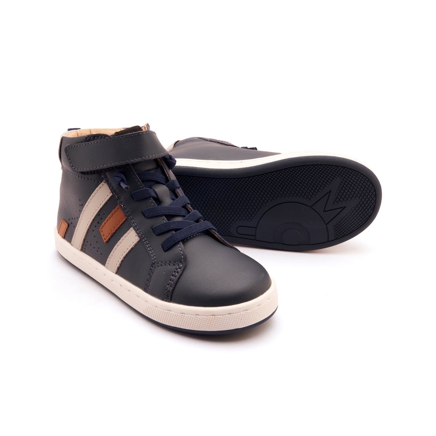 Old Soles 1035 Challenger kids leather sneaker in Navy and Gris and Tan with classic detail