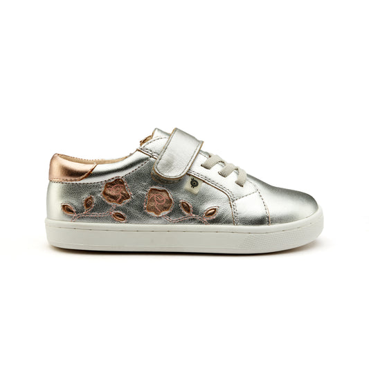 Old Soles 1071 Posie kids leather sneaker in Silver and Copper with floral detail