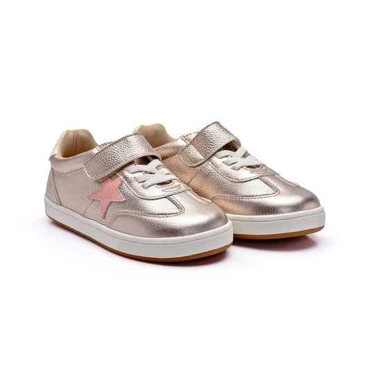 Old Soles 1079 Retro Platinum kids leather shoe in Metal Lychee and Cipria and White with retro detail