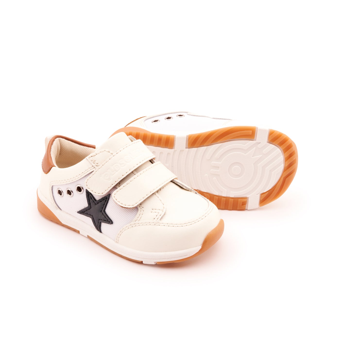 Old Soles 2103 Star Squad kids leather sneaker in White, Snow, White, Tan, and Gum Black Sole with star detail