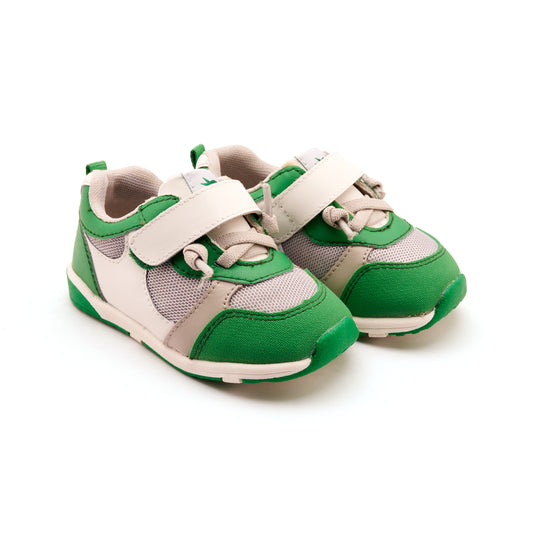 Old Soles 2118 Sporty Squad kids leather sneaker in Snow, Neon Green, and Gris with sporty detail