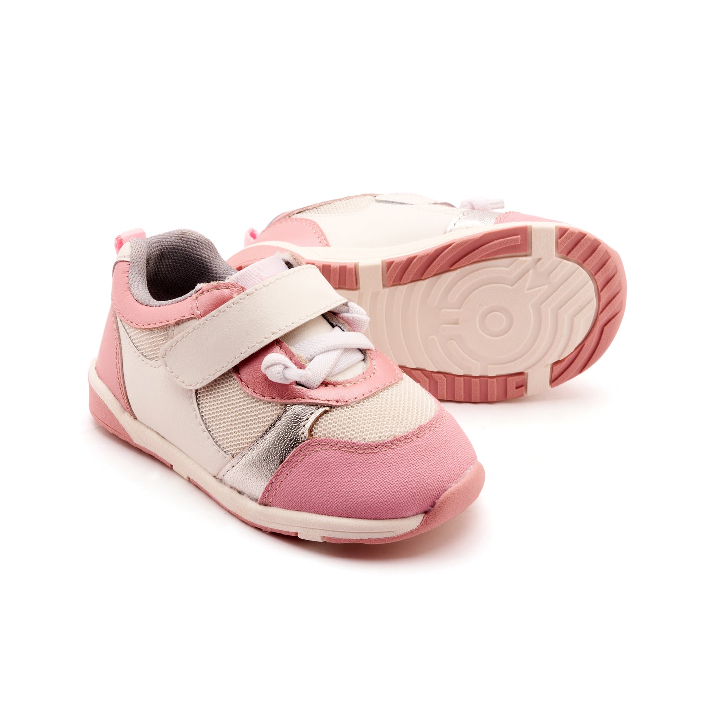 Old Soles 2118 Sporty Squad kids leather sneaker in Snow, Pearlised Pink, and Silver with sporty detail