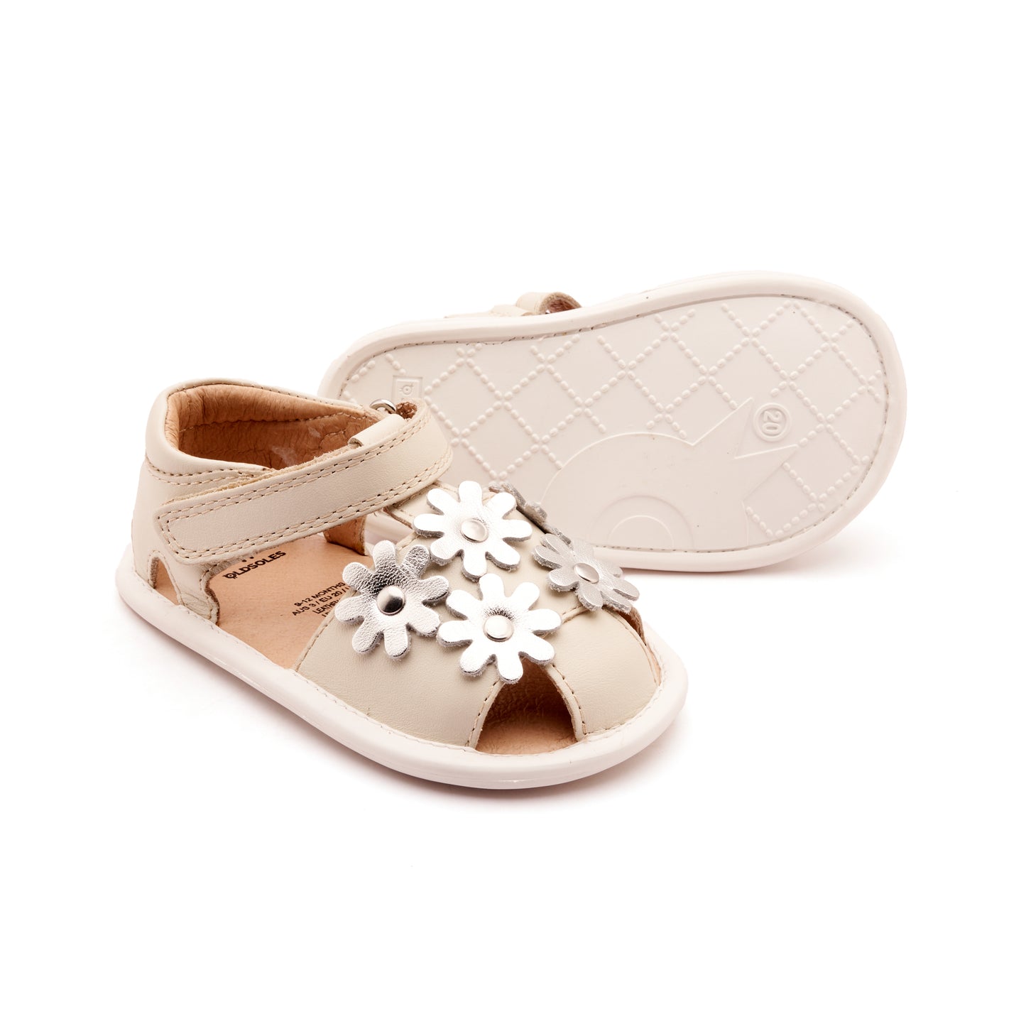 Old Soles 3017 Wild Flower kids leather shoe in Vanilla and Silver with floral detail