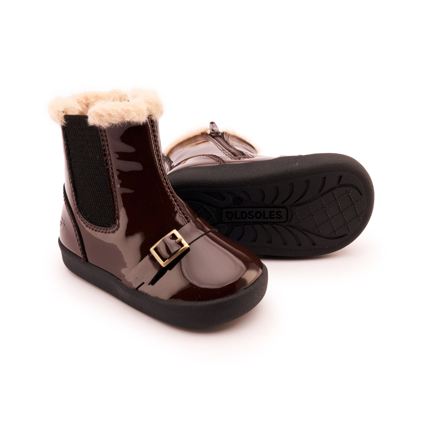 Old Soles 378 Buckle My Boot kids leather boot in Brown Patent with classic detail