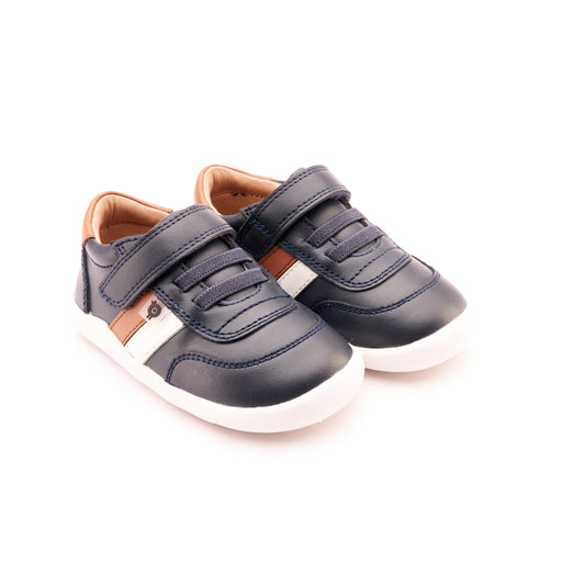 Old Soles 8013 Play Ground kids leather shoe in Navy, Tan, and Snow with rubber sole detail