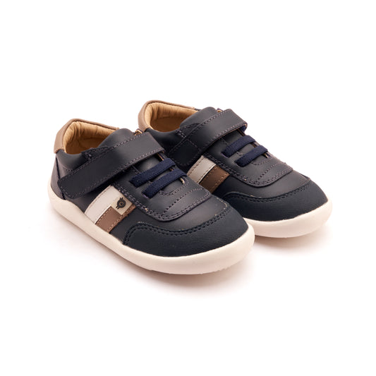 Old Soles 8074 Squat Ground kids leather shoe in Navy, Taupe, and Snow with rubber sole detail