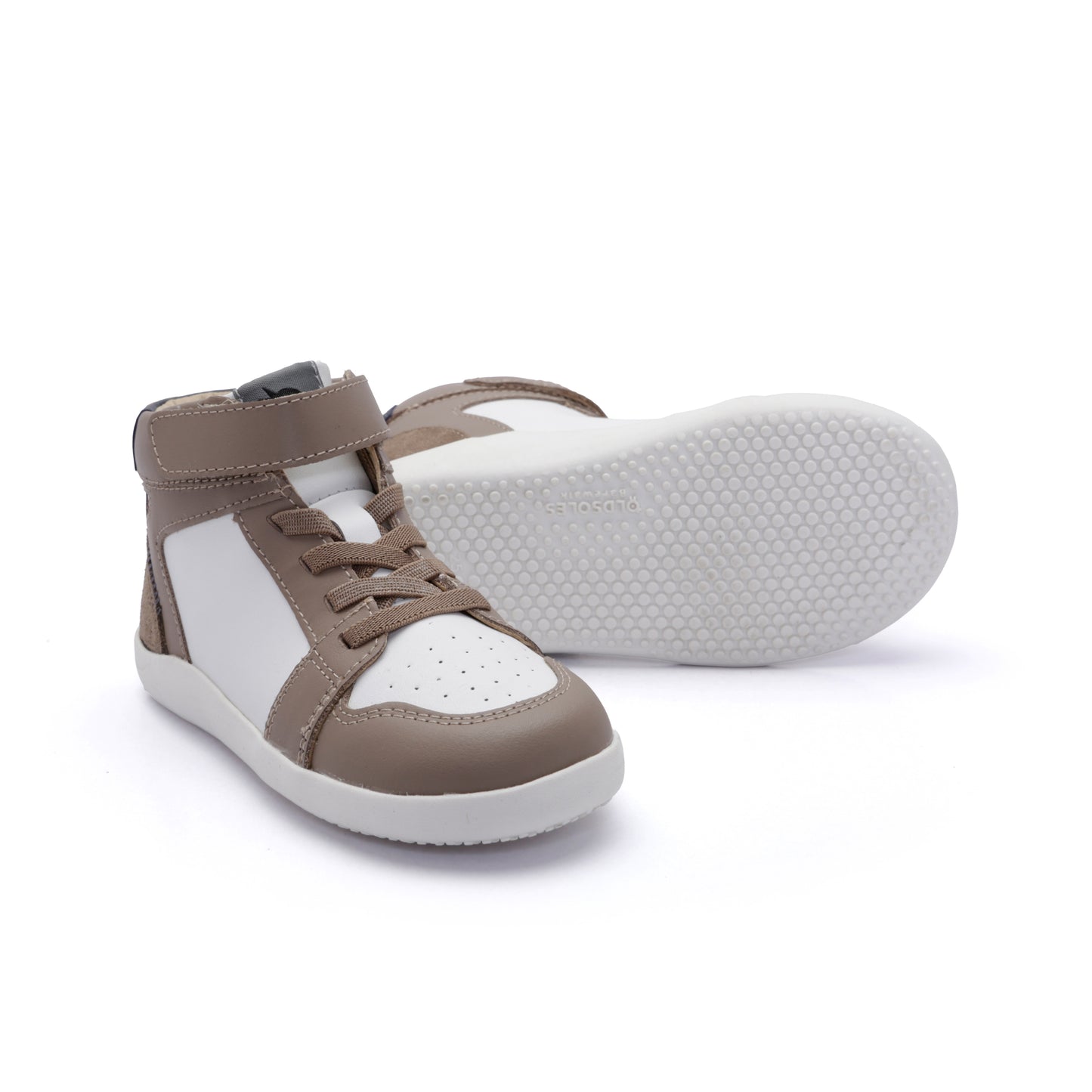 Old Soles 8113 High Jump Ground kids leather shoe in Taupe and Snow and Navy with rubber sole detail