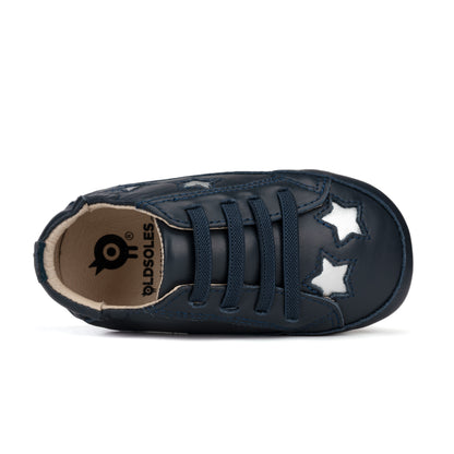 Old Soles 0024R Starey Bambini baby leather shoe in Navy and Silver with star detail