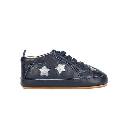 Old Soles 0024R Starey Bambini baby leather shoe in Navy and Silver with star detail