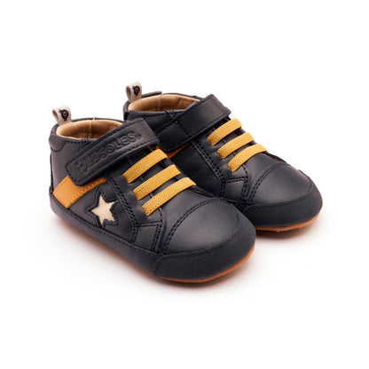 Old Soles 0074RT Roller baby leather shoe in Navy, Yema, and Cream with classic detail