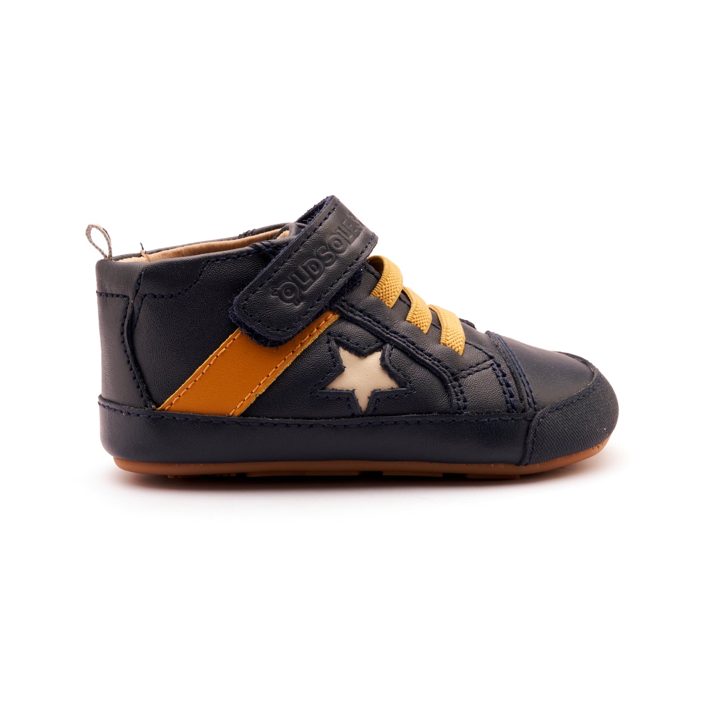 Old Soles 0074RT Roller baby leather shoe in Navy, Yema, and Cream with classic detail