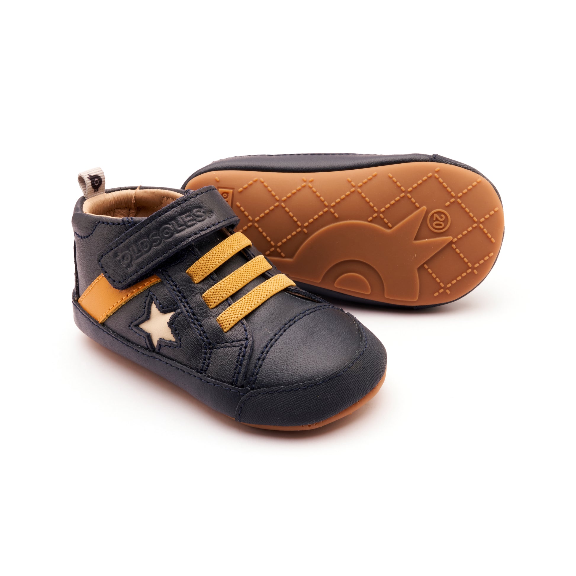 Old Soles 0074RT Roller baby leather shoe in Navy, Yema, and Cream with classic detail