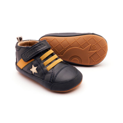 Old Soles 0074RT Roller baby leather shoe in Navy, Yema, and Cream with classic detail