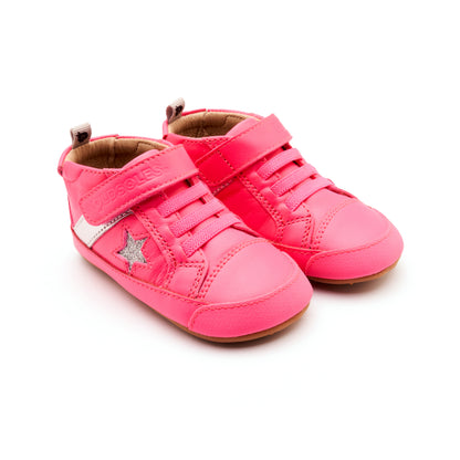 Old Soles 0074RT Roller baby leather shoe in Neon Pink, Silver, and Glam Argent with classic detail
