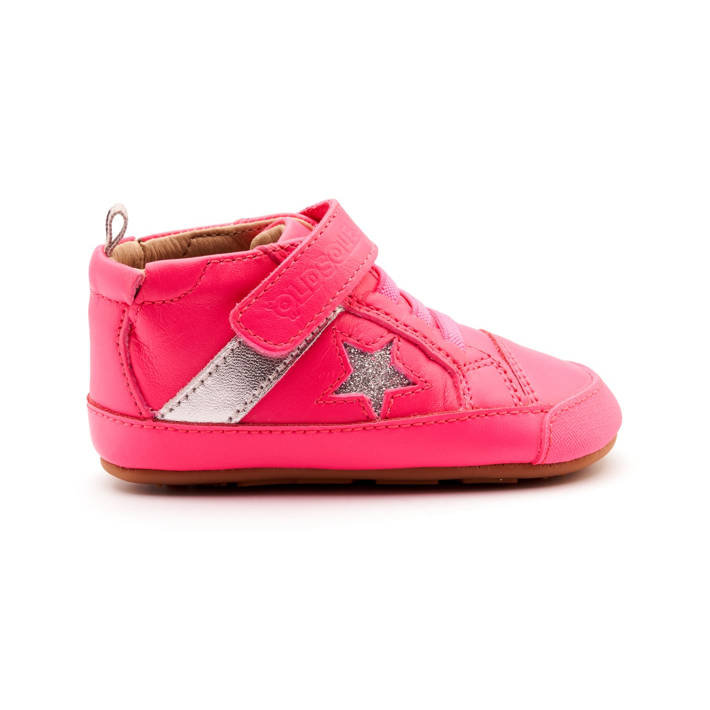 Old Soles 0074RT Roller baby leather shoe in Neon Pink, Silver, and Glam Argent with classic detail