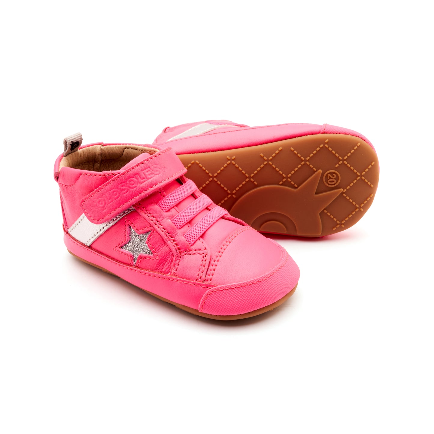 Old Soles 0074RT Roller baby leather shoe in Neon Pink, Silver, and Glam Argent with classic detail