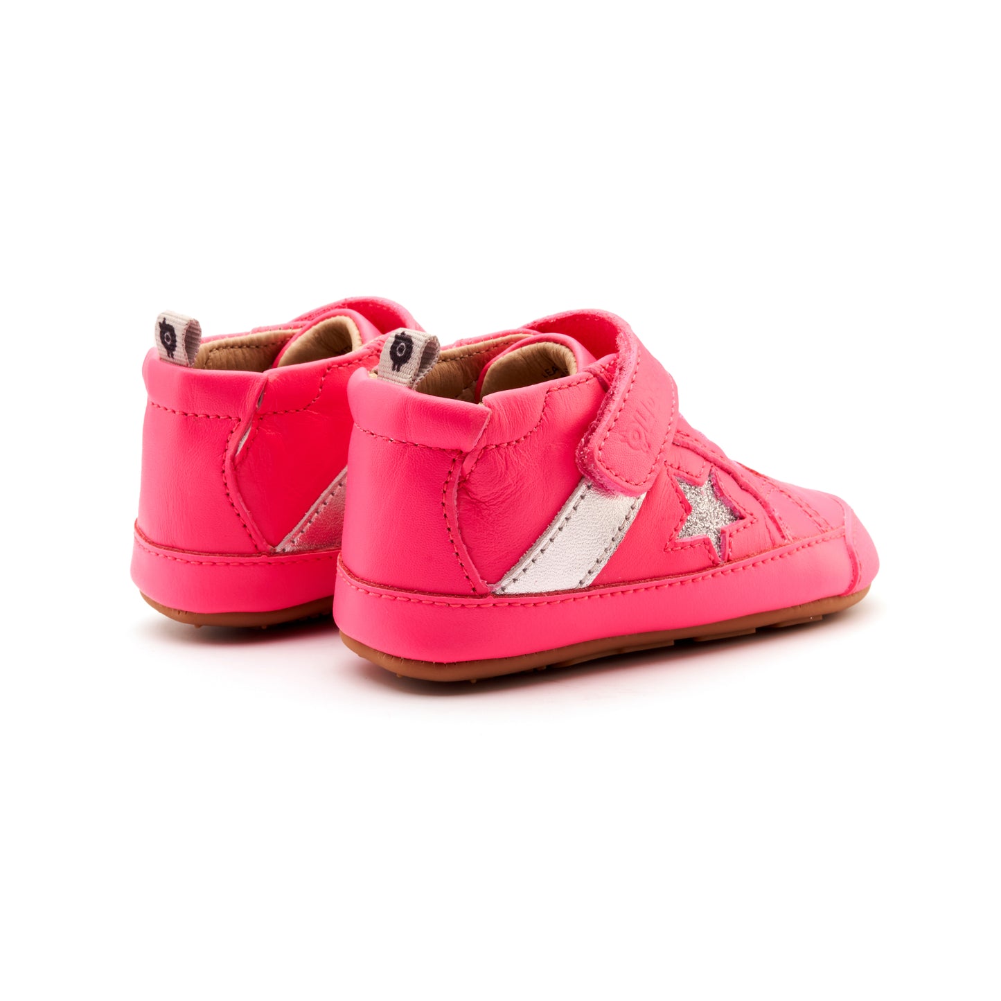 Old Soles 0074RT Roller baby leather shoe in Neon Pink, Silver, and Glam Argent with classic detail