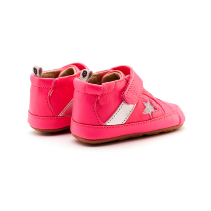 Old Soles 0074RT Roller baby leather shoe in Neon Pink, Silver, and Glam Argent with classic detail