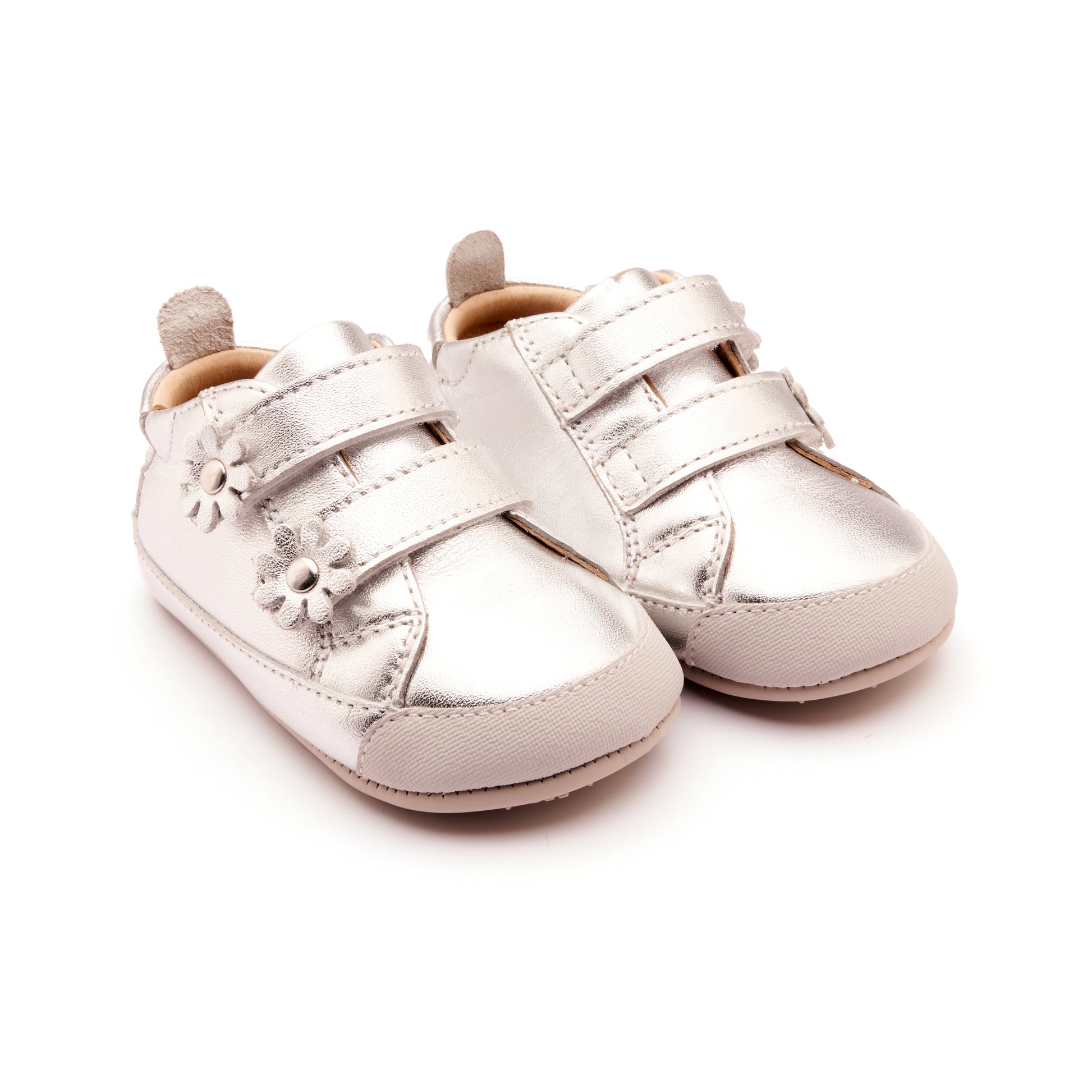 Old Soles 0084RT Flower Baby baby leather shoe in Silver and Silver Sole with floral detail