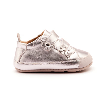 Old Soles 0084RT Flower Baby baby leather shoe in Silver and Silver Sole with floral detail