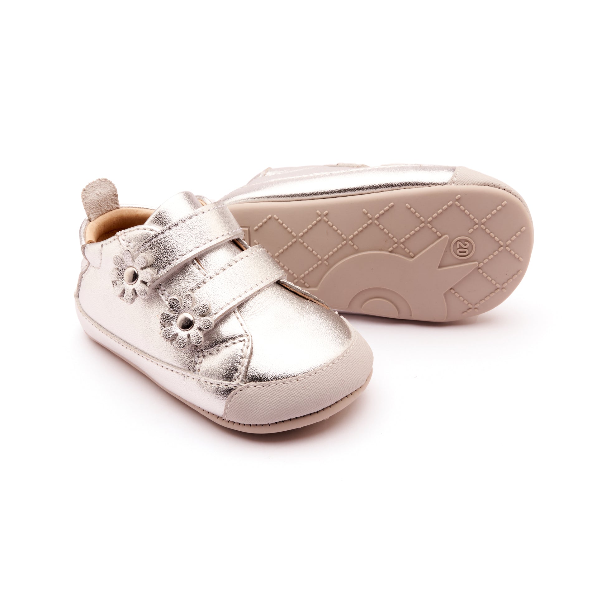 Old Soles 0084RT Flower Baby baby leather shoe in Silver and Silver Sole with floral detail