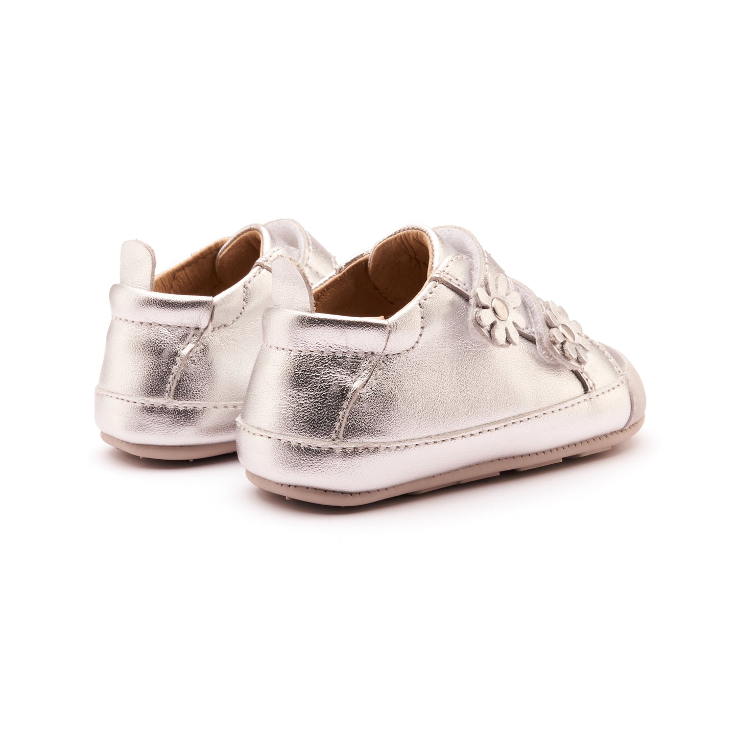 Old Soles 0084RT Flower Baby baby leather shoe in Silver and Silver Sole with floral detail