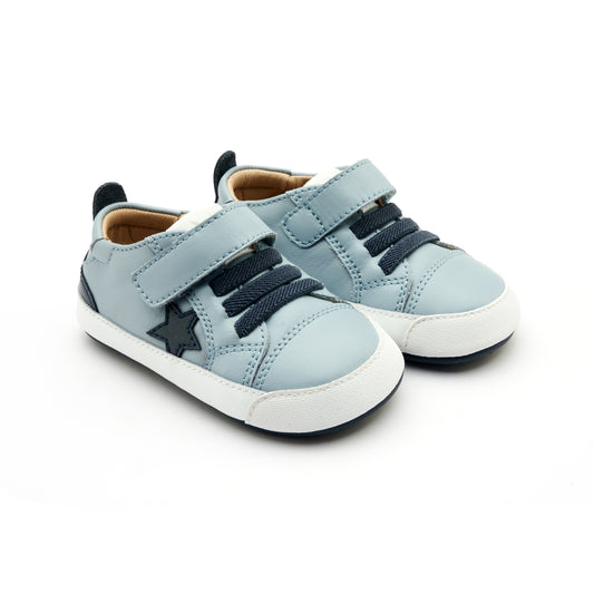 Old Soles 0085RT Platinum Bub baby leather shoe in Dusty Blue and Navy and Navy Sole with metallic star detail