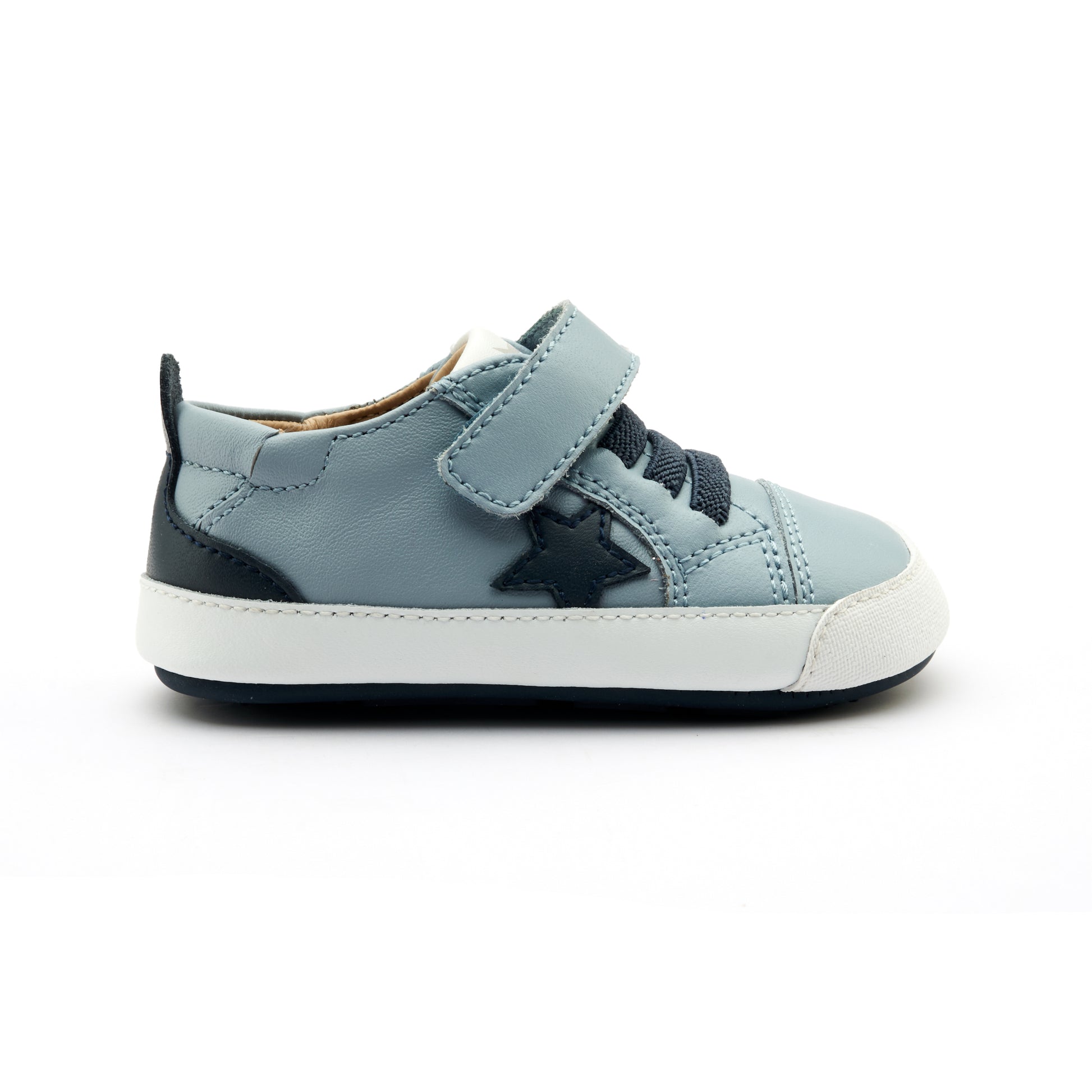 Old Soles 0085RT Platinum Bub baby leather shoe in Dusty Blue and Navy and Navy Sole with metallic star detail