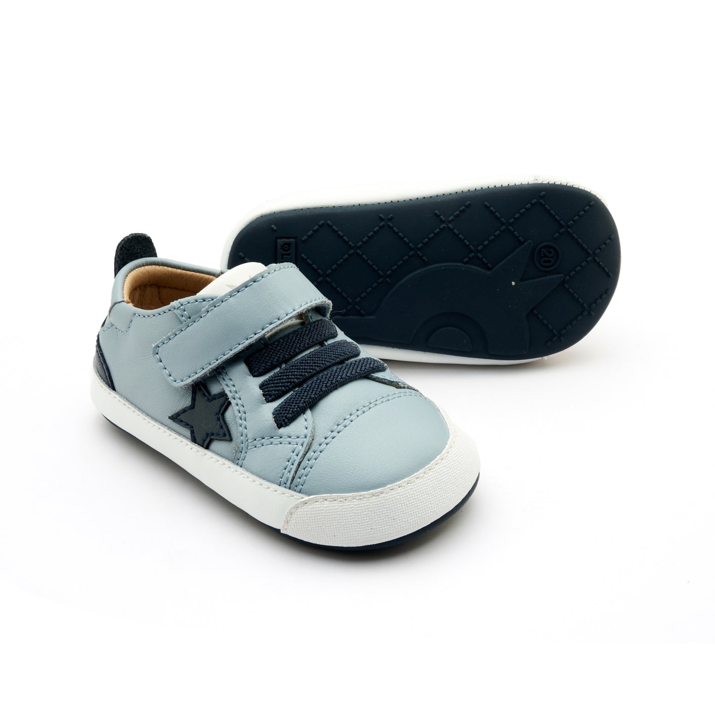 Old Soles 0085RT Platinum Bub baby leather shoe in Dusty Blue and Navy and Navy Sole with metallic star detail