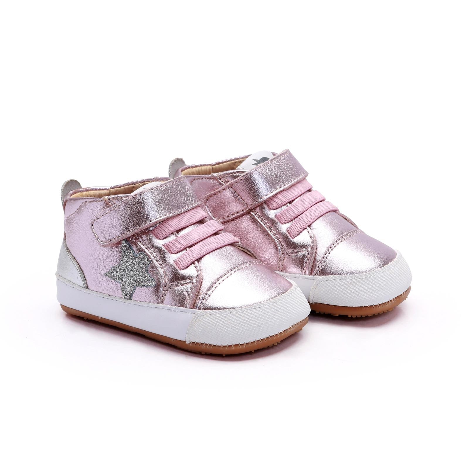 Old Soles 0085RT Platinum Bub baby leather shoe in Millet Pink and Glam Argent and Silver with classic detail