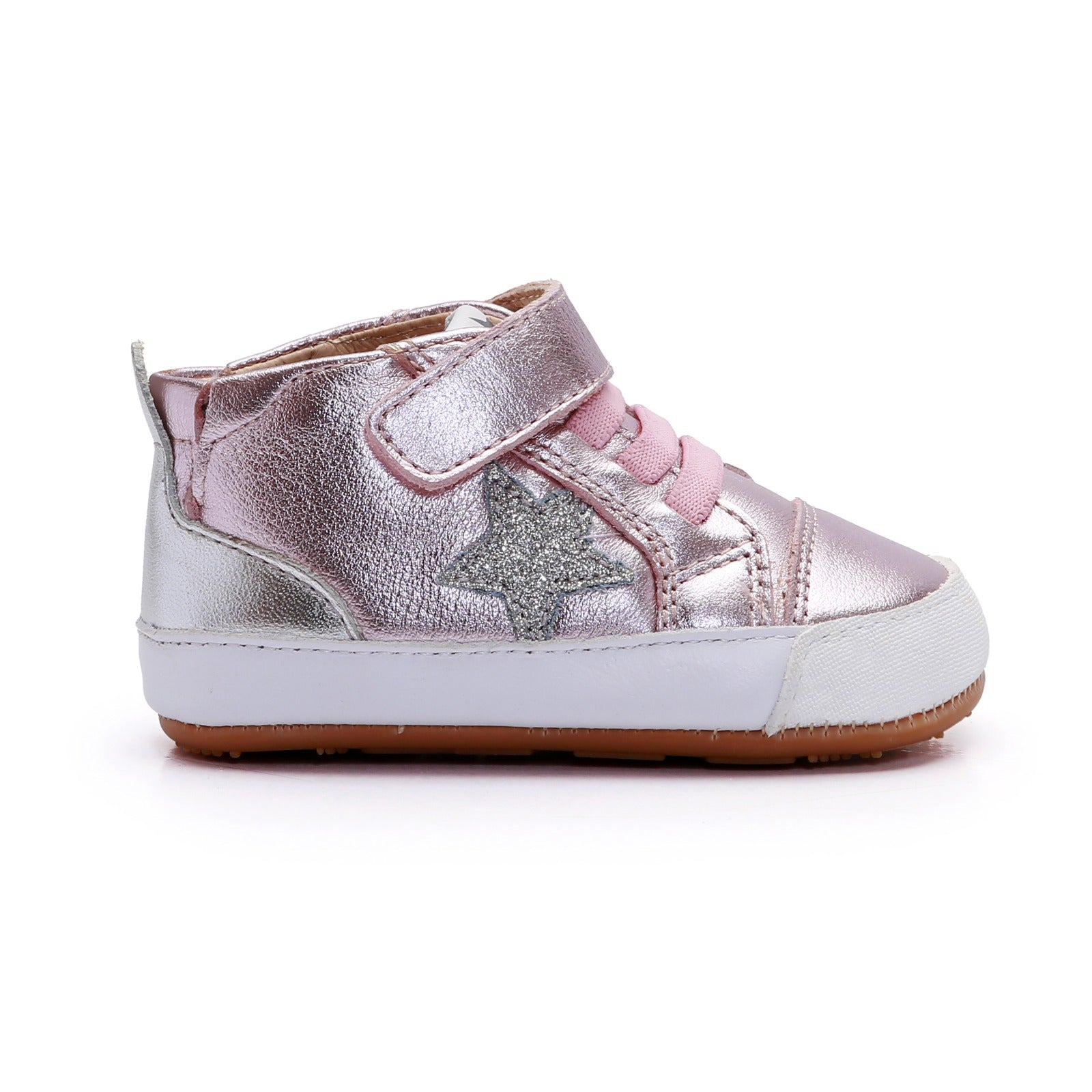 Old Soles 0085RT Platinum Bub baby leather shoe in Millet Pink and Glam Argent and Silver with classic detail