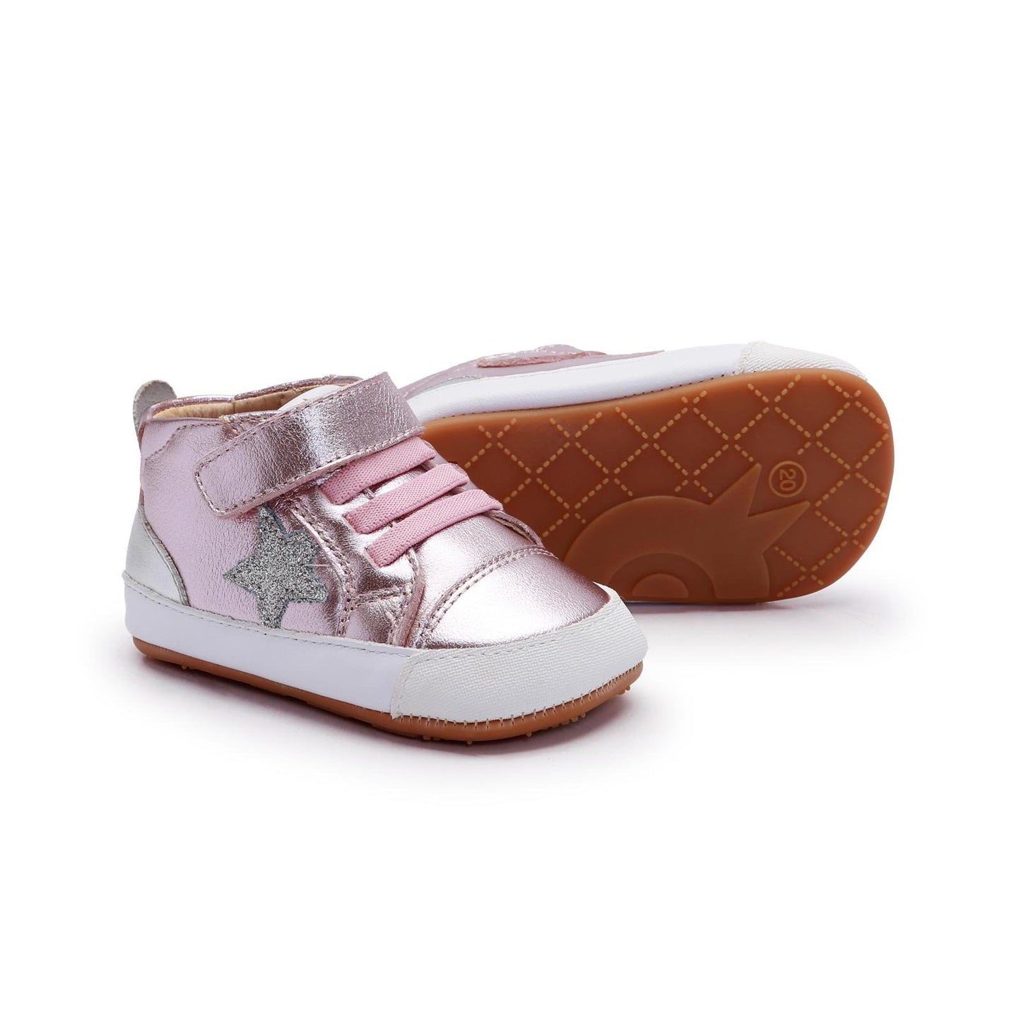 Old Soles 0085RT Platinum Bub baby leather shoe in Millet Pink and Glam Argent and Silver with classic detail