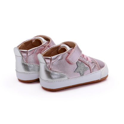 Old Soles 0085RT Platinum Bub baby leather shoe in Millet Pink and Glam Argent and Silver with classic detail