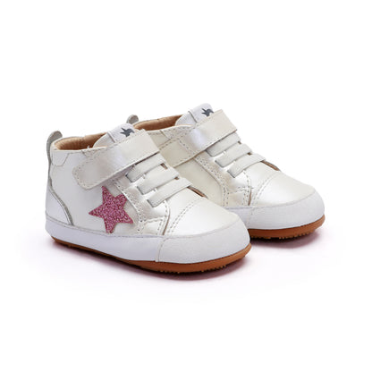 Old Soles 0085RT Platinum Bub baby leather shoe in Nacardo Blanco and Glam Pink and Silver with classic detail