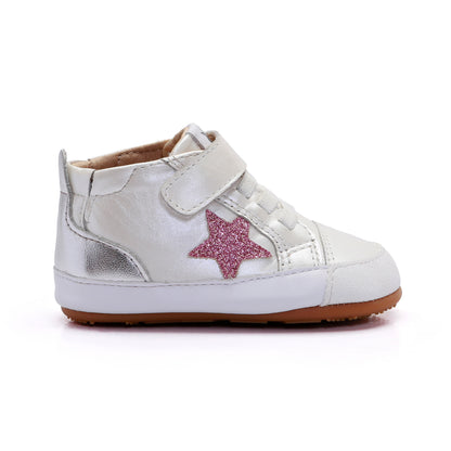 Old Soles 0085RT Platinum Bub baby leather shoe in Nacardo Blanco and Glam Pink and Silver with classic detail