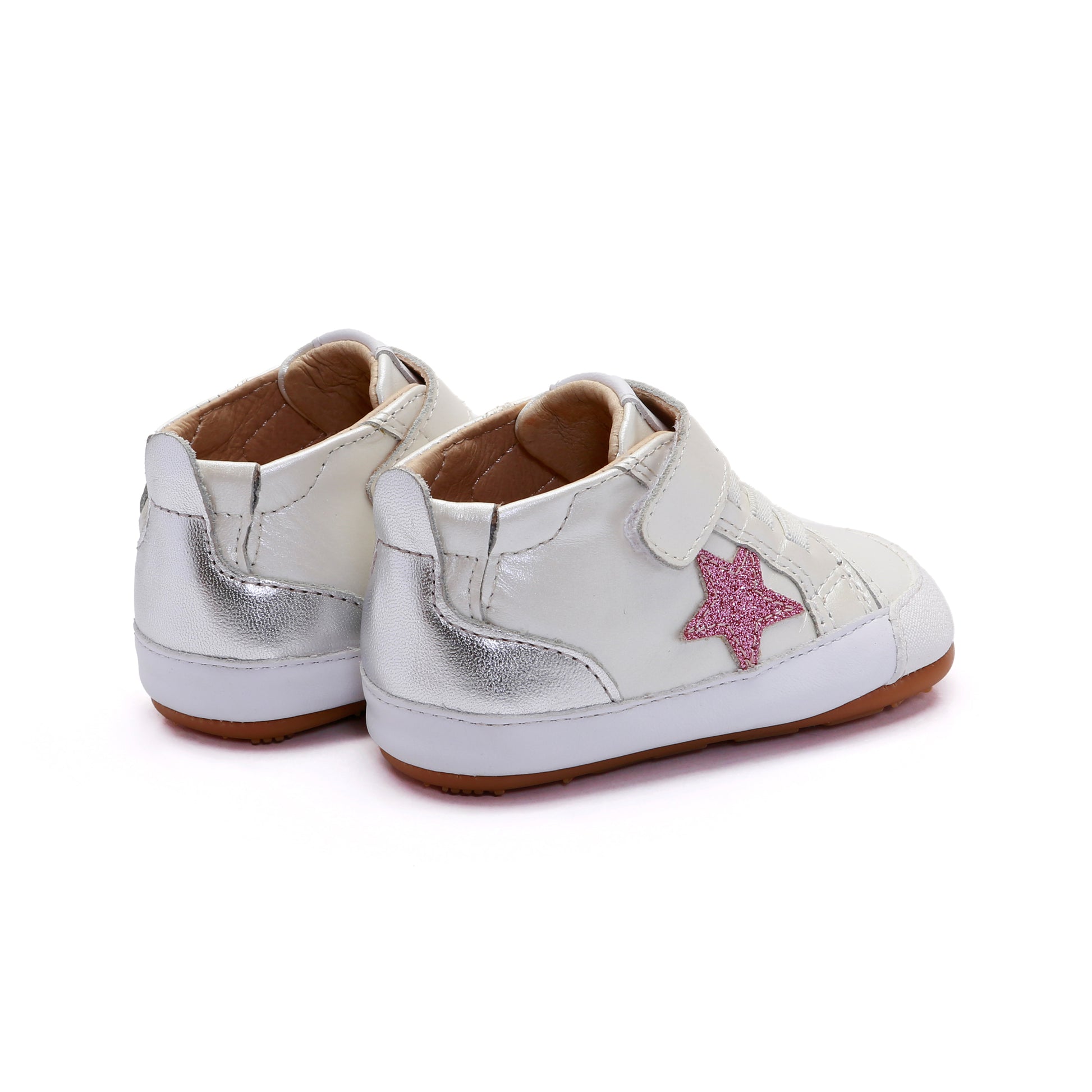 Old Soles 0085RT Platinum Bub baby leather shoe in Nacardo Blanco and Glam Pink and Silver with classic detail