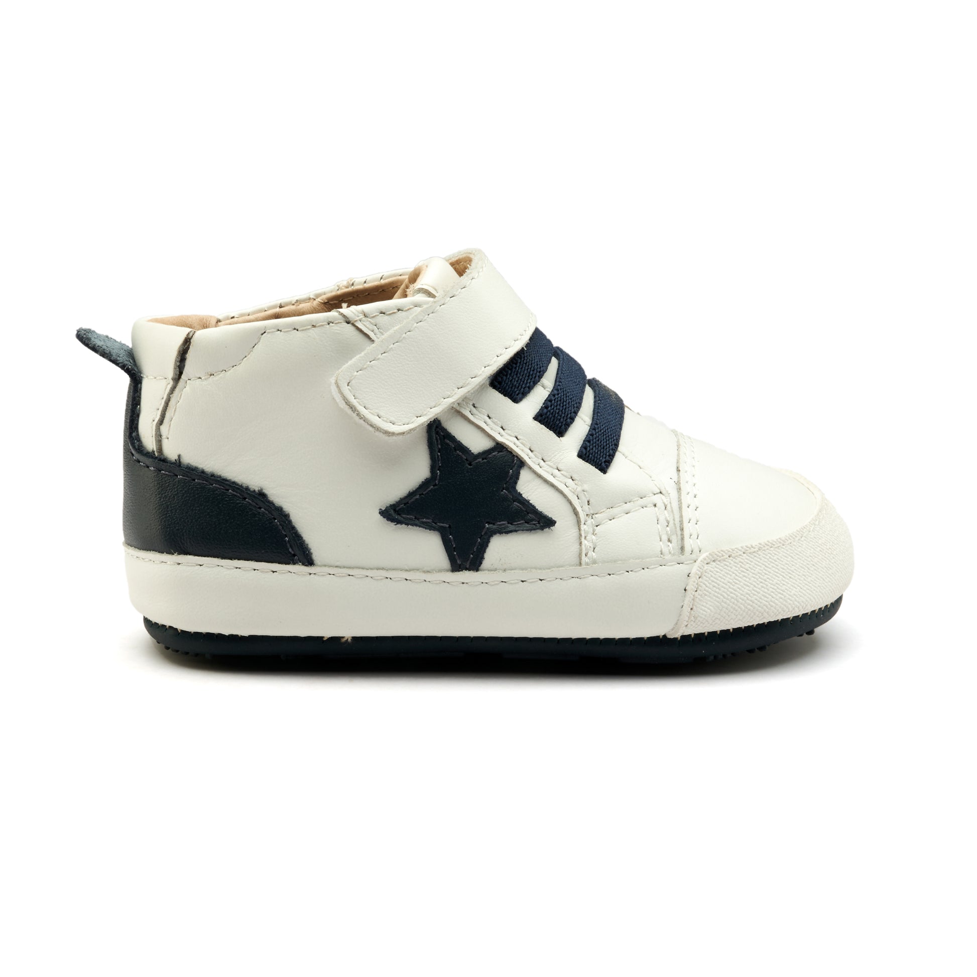 Old Soles 0085RT Platinum Bub kids leather sneaker in Snow, Navy, and Navy with star detail