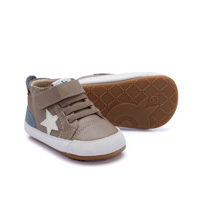 Old Soles 0085RT Platinum Bub baby leather shoe in Taupe and White and Indigo with classic detail
