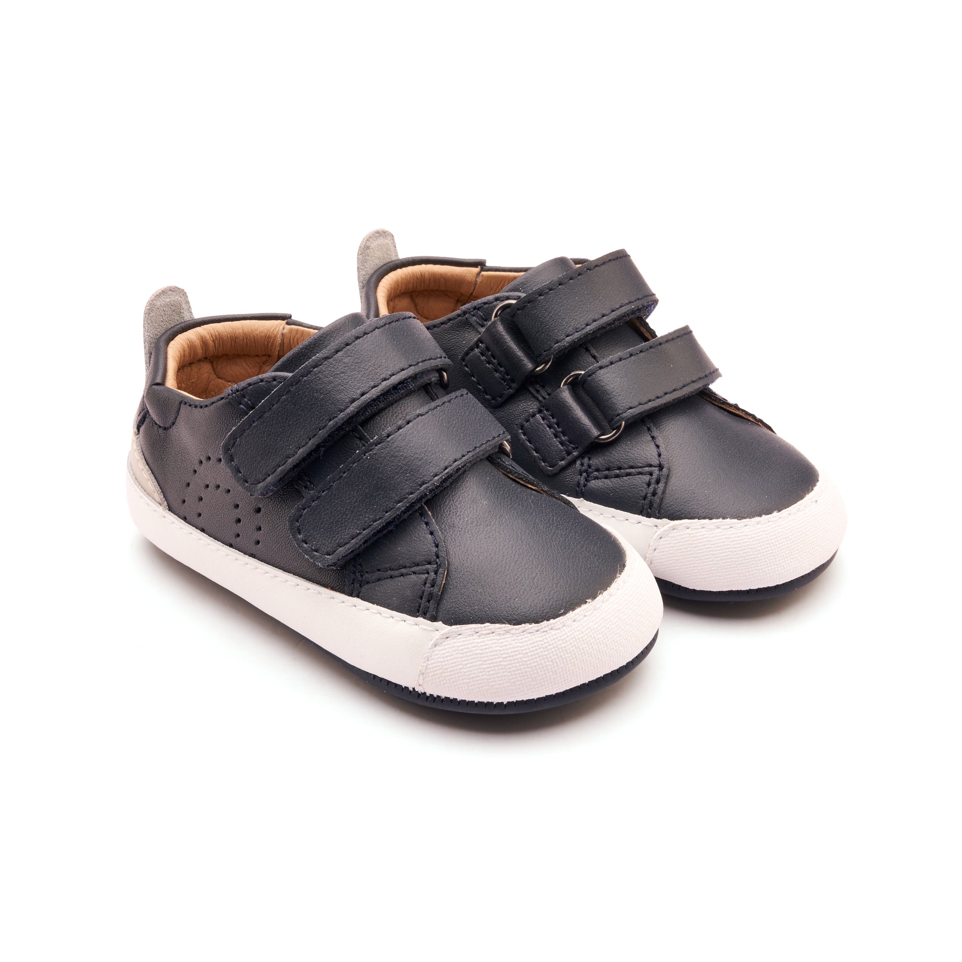 Old Soles 0092RT Baby Tot baby leather shoe in Navy and Gris with velcro strap detail