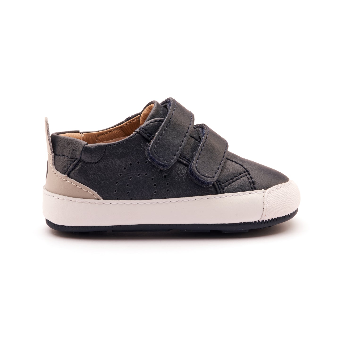 Old Soles 0092RT Baby Tot baby leather shoe in Navy and Gris with velcro strap detail