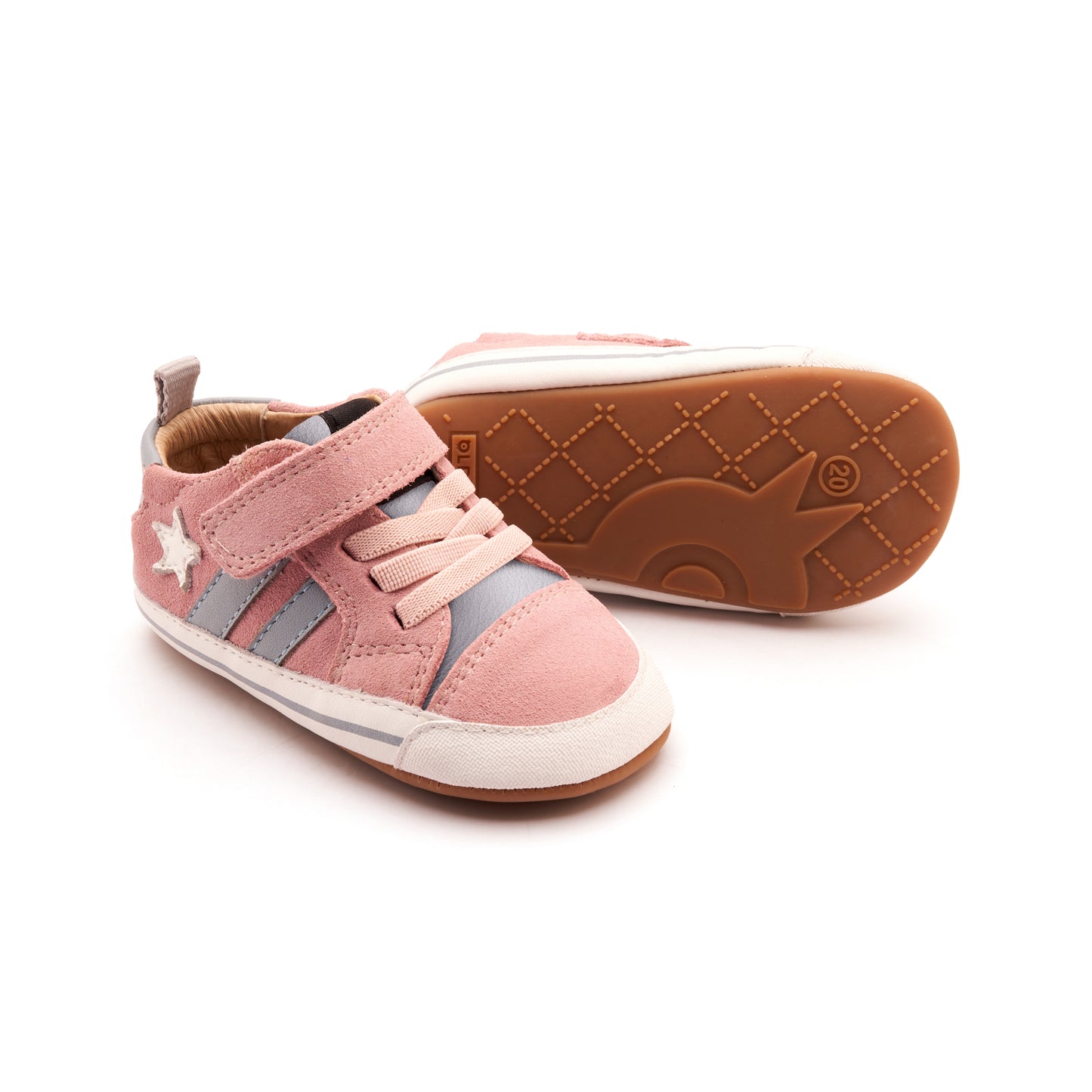 Old Soles 0098RT Wos Baby baby leather shoe in Soft Pink Suede, Nacardo Blanco, and Dusty Blue with sporty detail