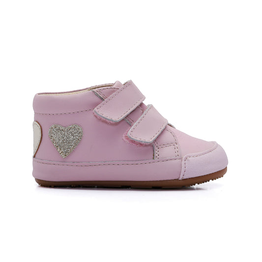 Old Soles 0115RT Heartfelt Bub baby leather shoe in Chalk Pink and Gold and Glam Gold with ruffle detail