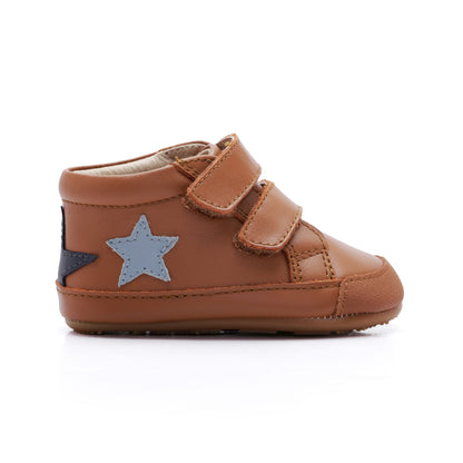 Old Soles 0116RT Bopstar kids leather sneaker in Tan and Navy and Dusty Blue with star detail